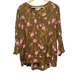 Monday Fun Womens 1X Floral Tunic Top Olive Green Pink V Neck‎ Button Rayon
